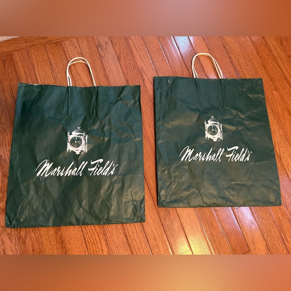 Marshall Fields 2 Iconic Shopping Bags 18” x 16” x 6” Very Collectible Very nice